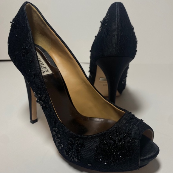Badgley Mischka Black Peep Toe Lace Sequin 4.5 inch stiletto Heels - Picture 3 of 5